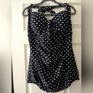 NWOT Black Polkadot Halter Bathing Suit/Swim Dress with Sweetheart Neckline